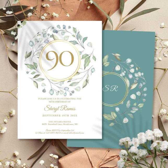 Convite Laurel Garland Dourada Monograma 90 de Aniversário (Laurel Garland Gold Monogram 90th Birthday Invitation)
