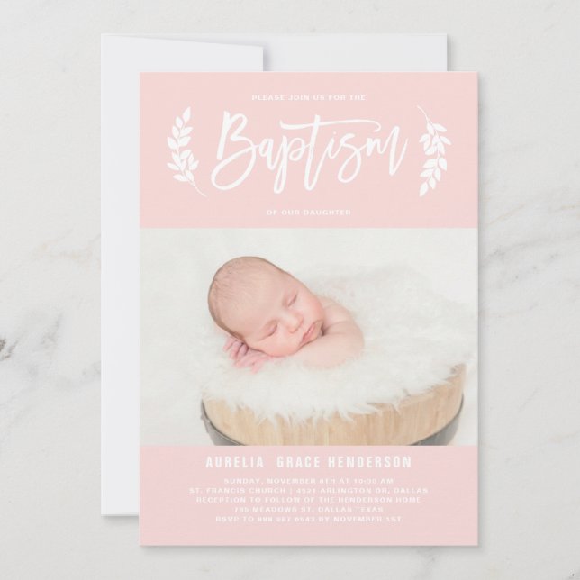 Convite Laurel Wreath Blush Pink Fotografia Baptism (Frente)