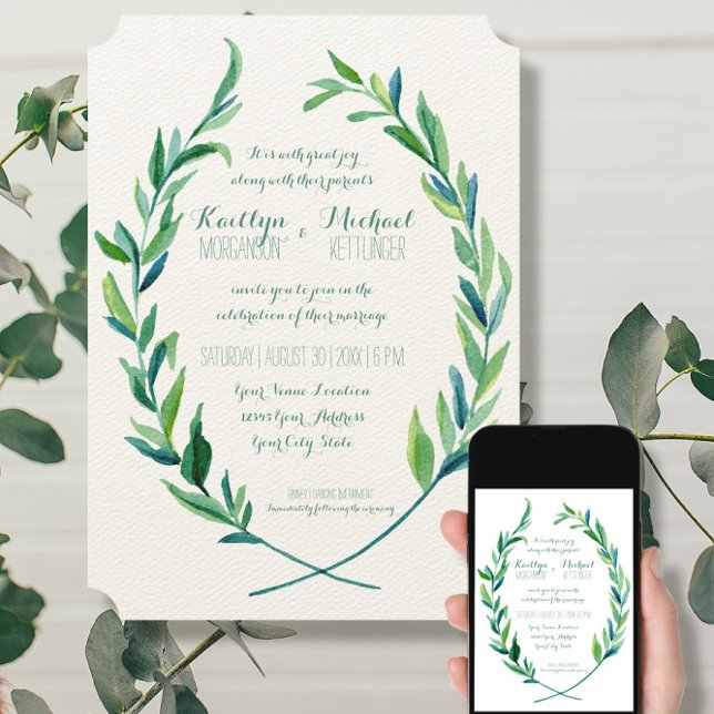 Convite Laurel Wreath Eucalyptus Leaf Branch Modern Simple (Criador carregado)