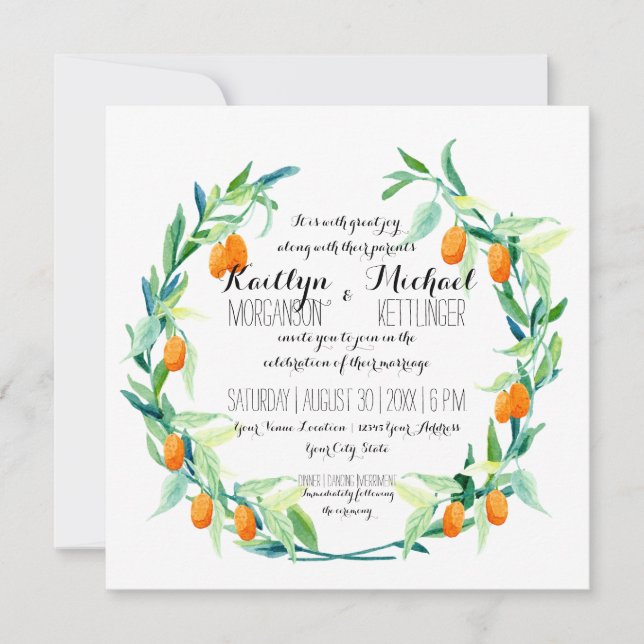 Convite Laurel Wreath Kumquat Leaf Branch Modern Square (Frente)