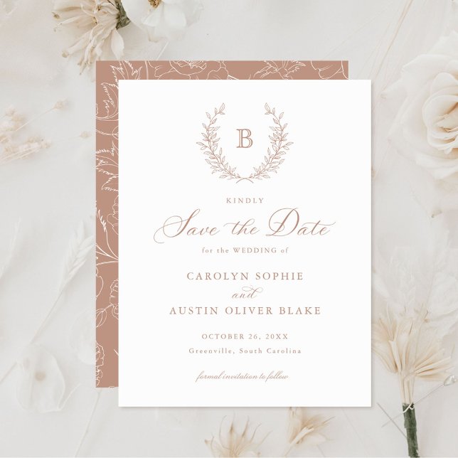 Convite Laurel Wreath Monograma Crest Casamento Salvar a D (Criador carregado)
