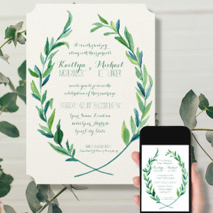 Convite Laurel Wreath Olive Leaf Branch Modern Simple