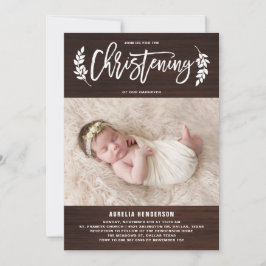 Convite Laurel Wreath Rustic Wood Photo Christening