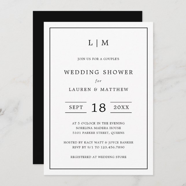 Convite Lauren Black and White Elegant Weding Chá (Frente/Verso)