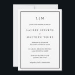 Convite Lauren Black e White Elegant Casamento Espanhol<br><div class="desc">Simples convite de casamento espanhol com um design moderno, mas elegante, com seu monograma de duas letras no topo e seus detalhes cercados por uma fina fronteira. Todo o texto está preto, sobre fundo branco e fundo preto sólido. As fontes e as cores de fundo podem ser alteradas para qualquer...</div>