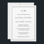 Convite Lauren Black e White Elegant Casamento Espanhol<br><div class="desc">Simples convite de casamento espanhol com um design moderno, mas elegante, com seu monograma de duas letras no topo e seus detalhes cercados por uma fina fronteira. Todo o texto está preto, sobre fundo branco e fundo preto sólido. As fontes e as cores de fundo podem ser alteradas para qualquer...</div>