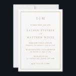 Convite Lauren Dourado Monograma Elegante Recepção de Casa<br><div class="desc">Anúncio de casamento simples com convite apenas de recepção apresentando um design moderno, mas elegante, com seu monograma de duas letras no topo e seus detalhes cercados por uma fina fronteira. Todo o texto está em um dourado falso, sobre um fundo branco e o fundo é preto sólido. As fontes...</div>