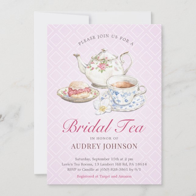 Convite Lavanda adorável Bridal Tea Chá de casamento Britâ (Frente)