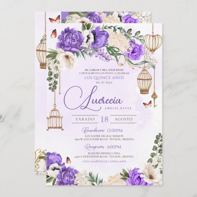 Convite Lavanda Borboleta Dourada Quinceañera Floral Elega (Frente/Verso)