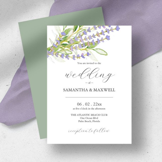 Convite Lavanda Botânica Invitation Watercolor (Wedding invitations watercolor lavender art by Victoria Grigaliunas of Do Tell A Belle sage green)
