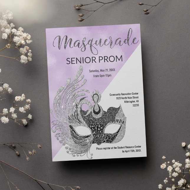 Convite Lavanda branca brilho prateado Máscara Baile de Fo (Lavender white silver glitter Masquerade Prom)