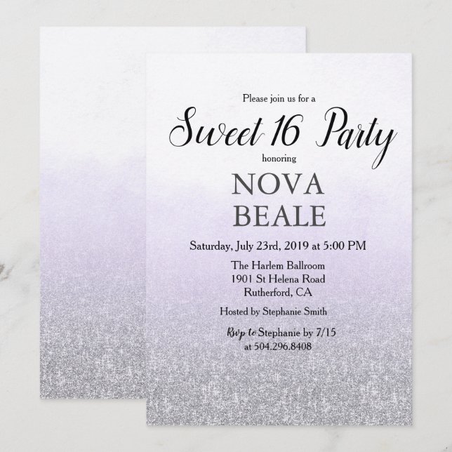 Convite Lavanda Brilhante Festa Sweet 16 (Frente/Verso)