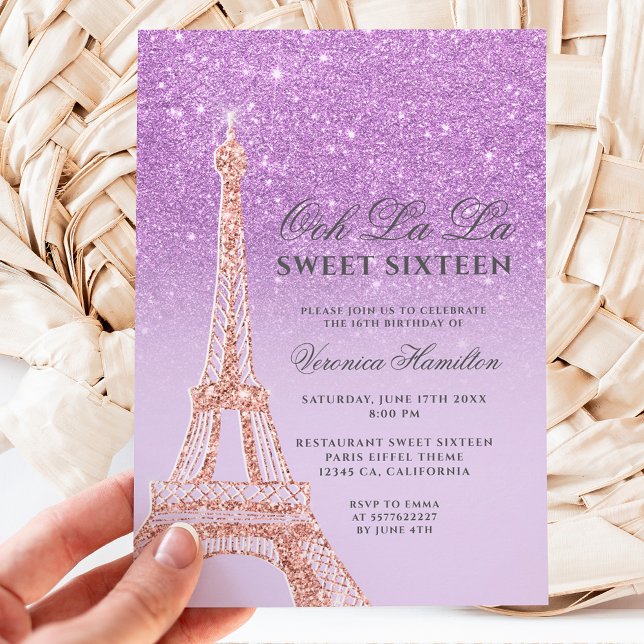 Convite Lavanda brilhante púrpura da torre Eiffel Sweet 16 (Criador carregado)