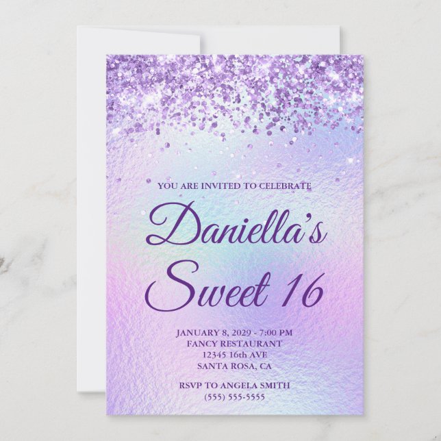 Convite Lavanda Brilho Iridescente Foil Doce 16 (Frente)
