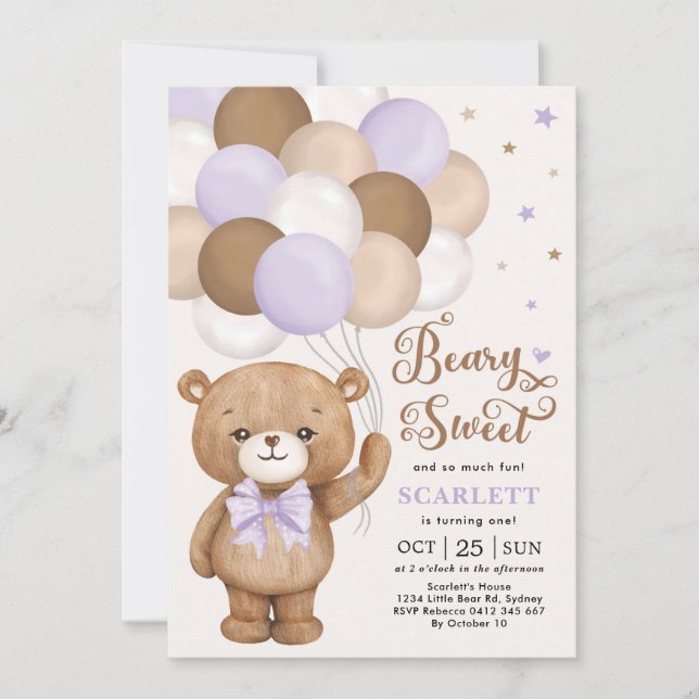 Convite Lavanda Brown Teddy Bear com Balões Aniversário (Frente)