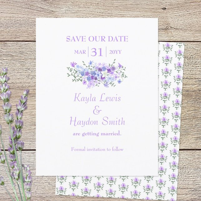 Convite Lavanda, Buquê Azul Claro Casamento Salve a Data (lavender and dusty blue SAVE OUR DATE wedding announcement)
