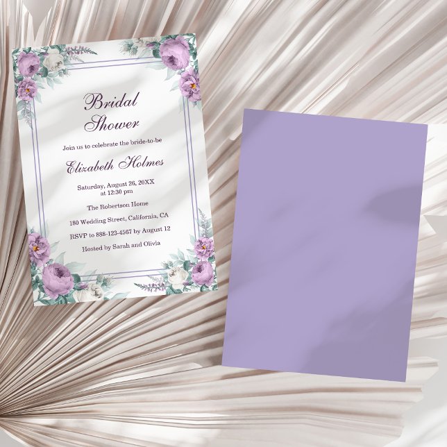 Convite Lavanda Chá de panela de Pessoas Roxas (Lavender Purple Peonies Bridal Shower Invitation on a sunny white dry palm leaf.)