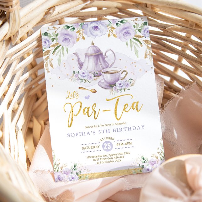 Convite Lavanda Chic Dourada Floral Girls Birthday Tea Par (Criador carregado)