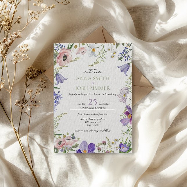 Convite Lavanda Clássica Lilac Flores Selvagens Casamento  (classy wildflowers elegant chic rustic wedding invitation with floral details)
