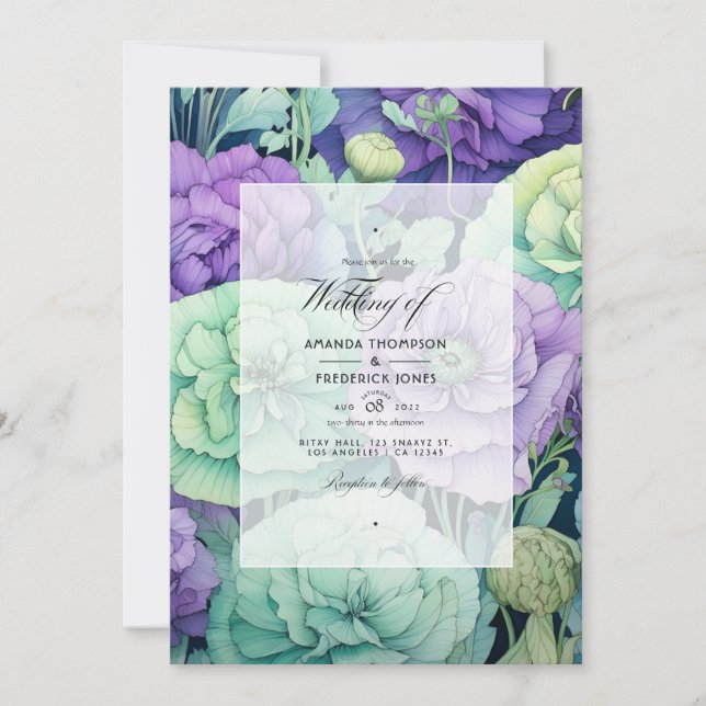 Convite Lavanda com Casamento Floral Verde de Primavera (Frente)