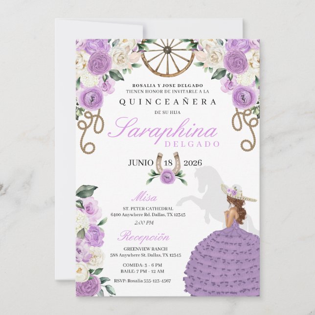 Convite Lavanda Cowgirl Western Horse Quinceañera (Frente)