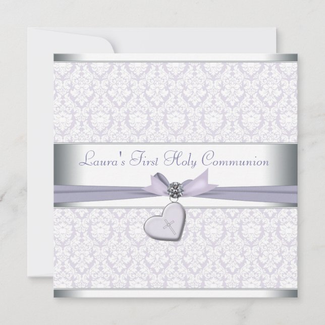 Convite Lavanda Damask Cruz Meninas Roxo Primeira Comunhão (Frente)