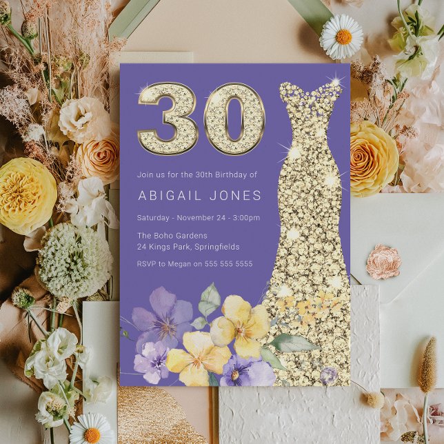 Convite Lavanda de aniversário de 30 anos Dourada e Sunshi (Criador carregado)