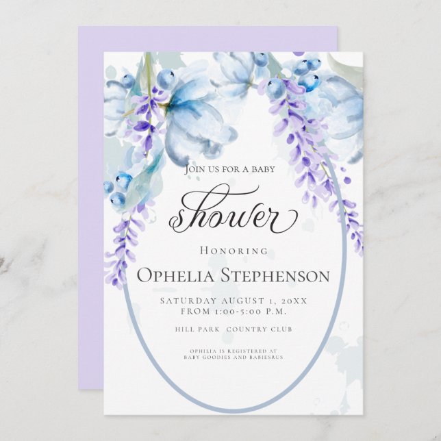 Convite Lavanda de Aquarela - Chá de fraldas Floral Azul D (Frente/Verso)