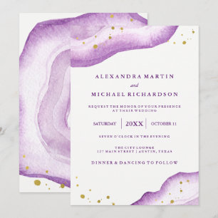 Convite Lavanda de Aquarela e Casamento Geográfico Dourado