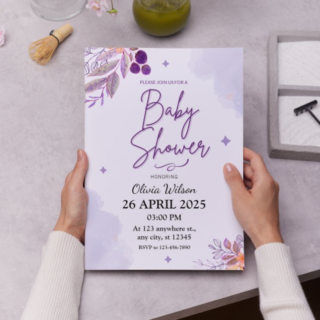 Convite Lavanda de aquarela e Chá de fraldas Floral Púrpur (Criador carregado)