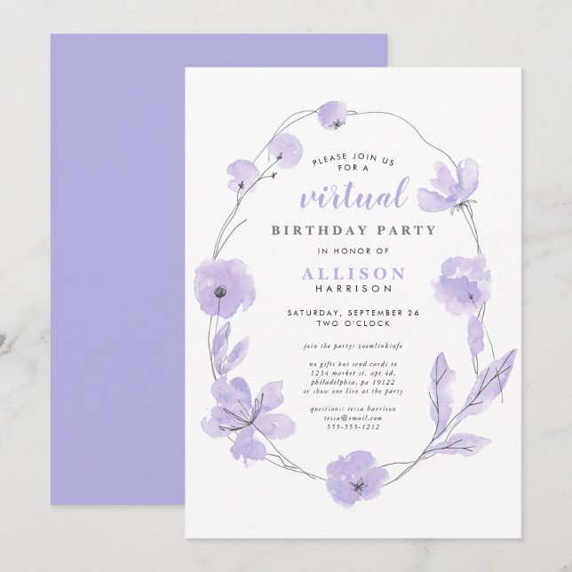 Convite Lavanda de Aquarela Floral de Festa de aniversário (Frente/Verso)