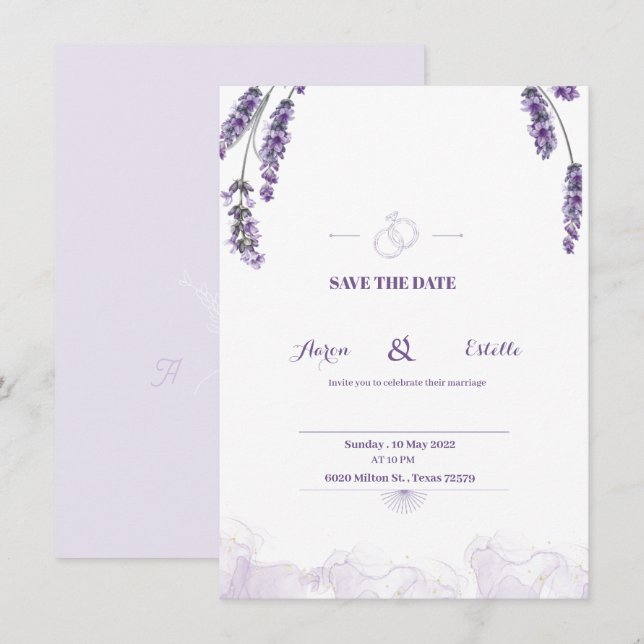 Convite Lavanda De Aquarela Romântica Casamento Floral Inv (Frente/Verso)