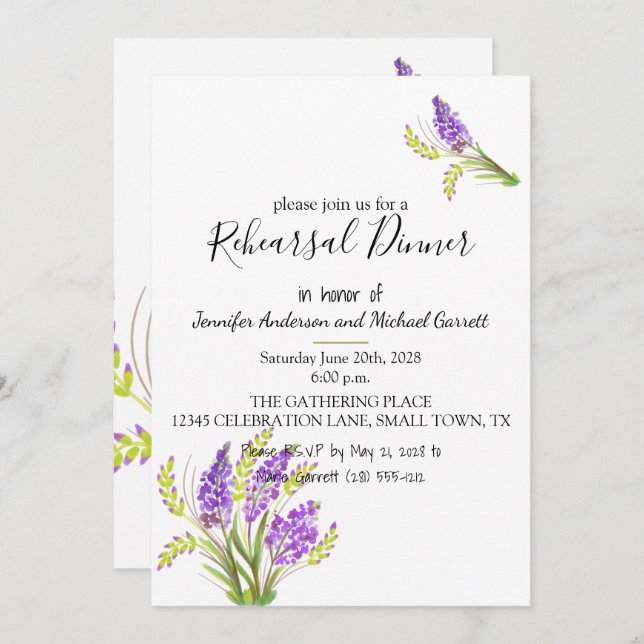 Convite Lavanda de aquarela suave e Florais verdes (Frente/Verso)