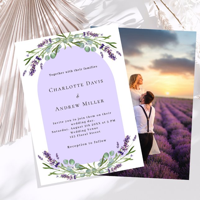Convite Lavanda de casamento com foto de arco floral viole (Criador carregado)
