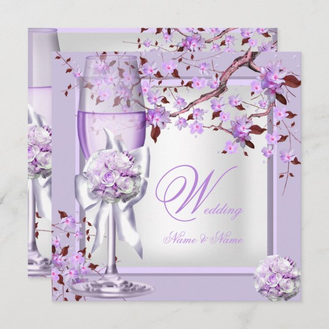 Convite Lavanda de Casamento Elegante Roxo Lilac 4b (Frente/Verso)