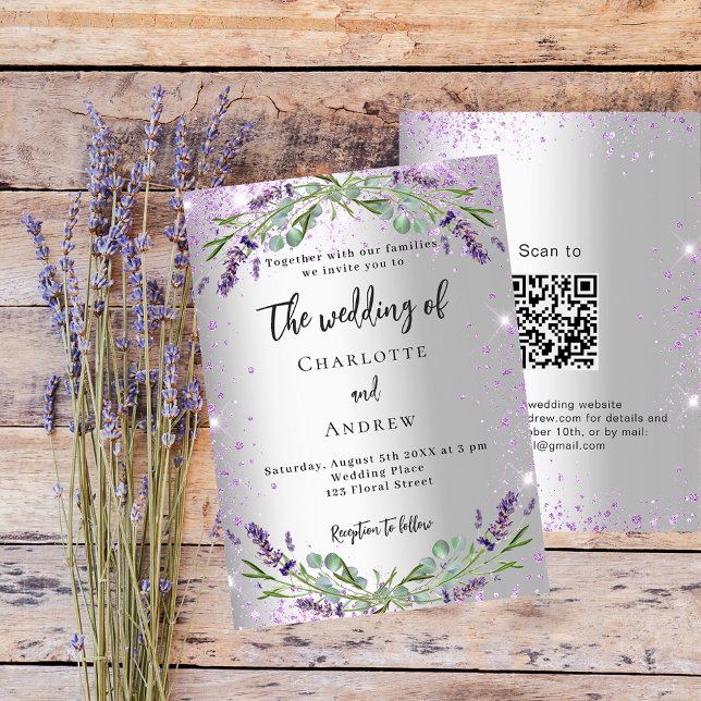 Convite Lavanda de casamento, eucalipto QR RSVP luxo (Criador carregado)