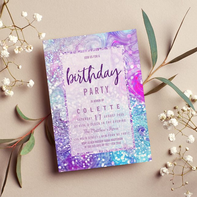 Convite Lavanda de Festa de aniversário de bolhas de pérol (Lavender purple teal marble glitter Birthday Party Invitation )
