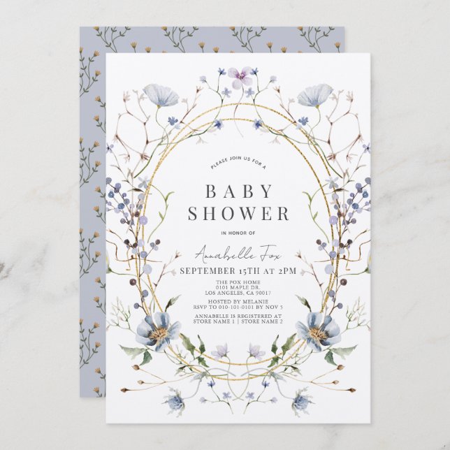 Convite Lavanda de Flores Selvagens Azuis Chá de fraldas d (Frente/Verso)