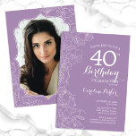 Convite Lavanda de Fotografia Floral Purple aniversário de<br><div class="desc">convite de festas lavanda floral roxo aniversário de 40 anos com sua foto na parte traseira da placa. Elegante design moderno com desenhos botânicos desenhados em destaque e letra de script de tipografia. Simples trendy convida cartão perfeito para uma festa de na moda. Pode ser personalizado para qualquer idade. Impressos...</div>