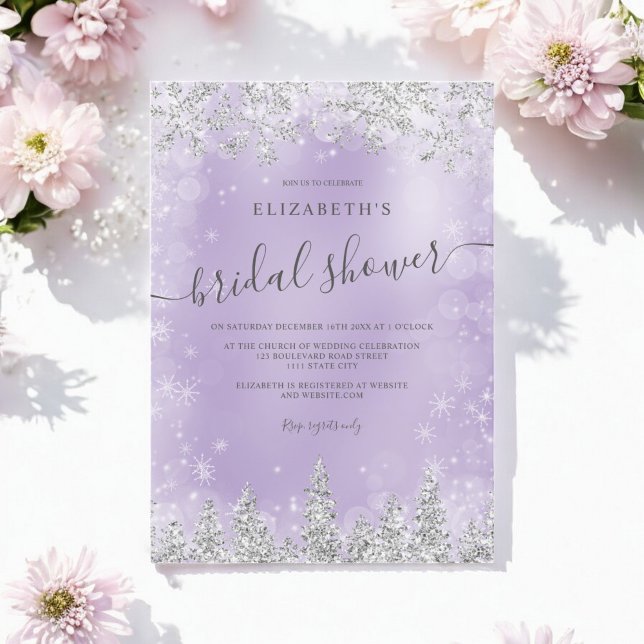 Convite Lavanda de prata pinheiro de inverno (Silver lavender snow pine winter bridal shower invitation)