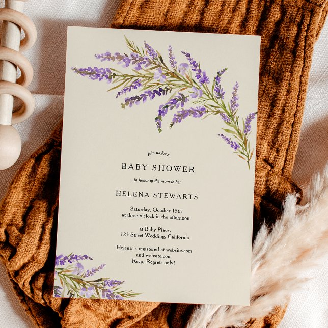 Convite Lavanda de queda chá de fraldas de aquarela floral (Fall lavender floral watercolor chic baby shower invitation on ivory)