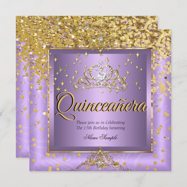 Convite Lavanda de Quinceanera Dourada Roxo (Frente/Verso)