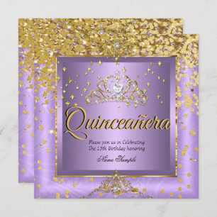 Convite Lavanda de Quinceanera Dourada Roxo