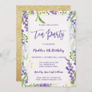 Convite Lavanda de Tea Party Floral e Dourada Birthday Gir