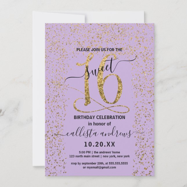 Convite Lavanda Dourada de Confetti Border Sweet 16 (Frente)