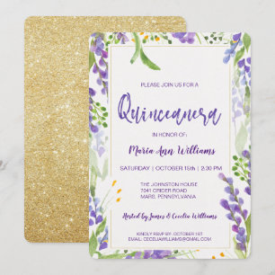 Convite Lavanda Dourada Elegante Glitter Floral Quinceaner