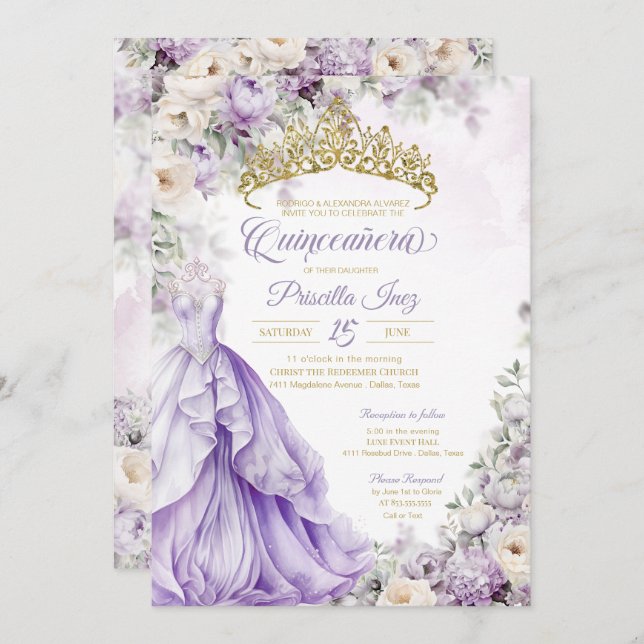 Convite Lavanda Dourada Elegante Princesa Gown Quinceañera (Frente/Verso)