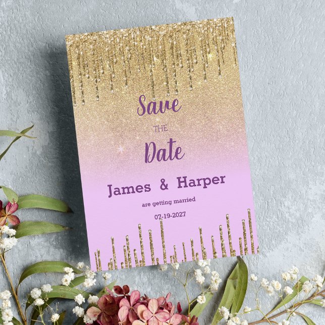 Convite Lavanda dourada glitter ombre dris Salve a data (Lavender gold glitter ombre drip glam Save the Date)