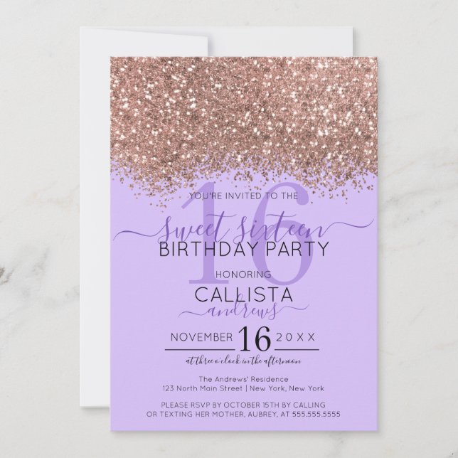 Convite Lavanda Dourada Luxe Confetti Sweet 16 (Frente)