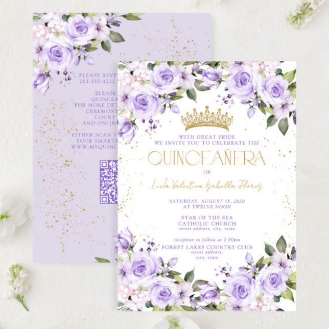 Convite Lavanda Dourada QR Quinceañera Mis Quince 15 Años (Criador carregado)